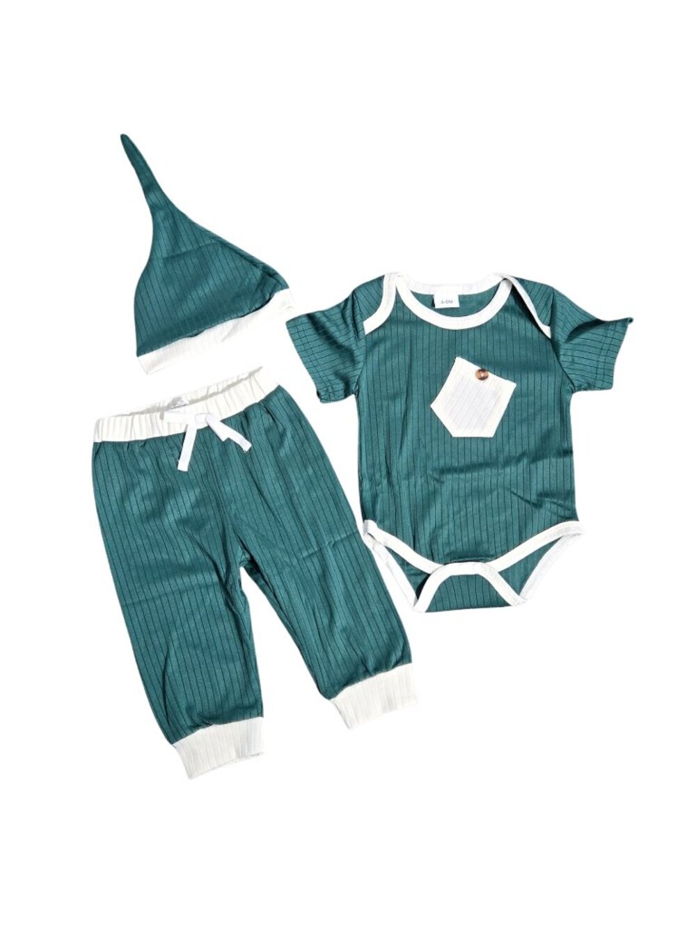 NIP | 3 Piece Ribbed Knit Bodysuit Pants & Hat Green Baby Outfit Set | 3-6 Month